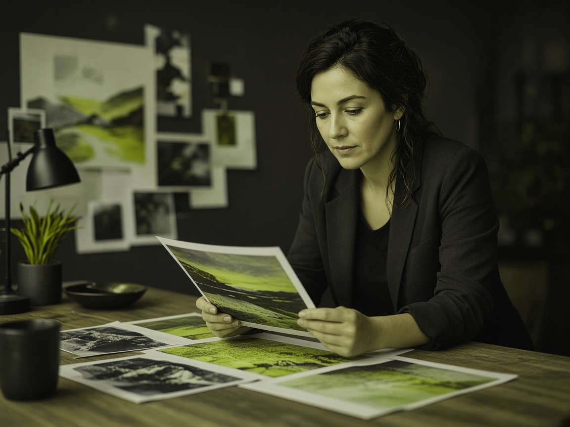 Jessica reviewing campaign work in the studio